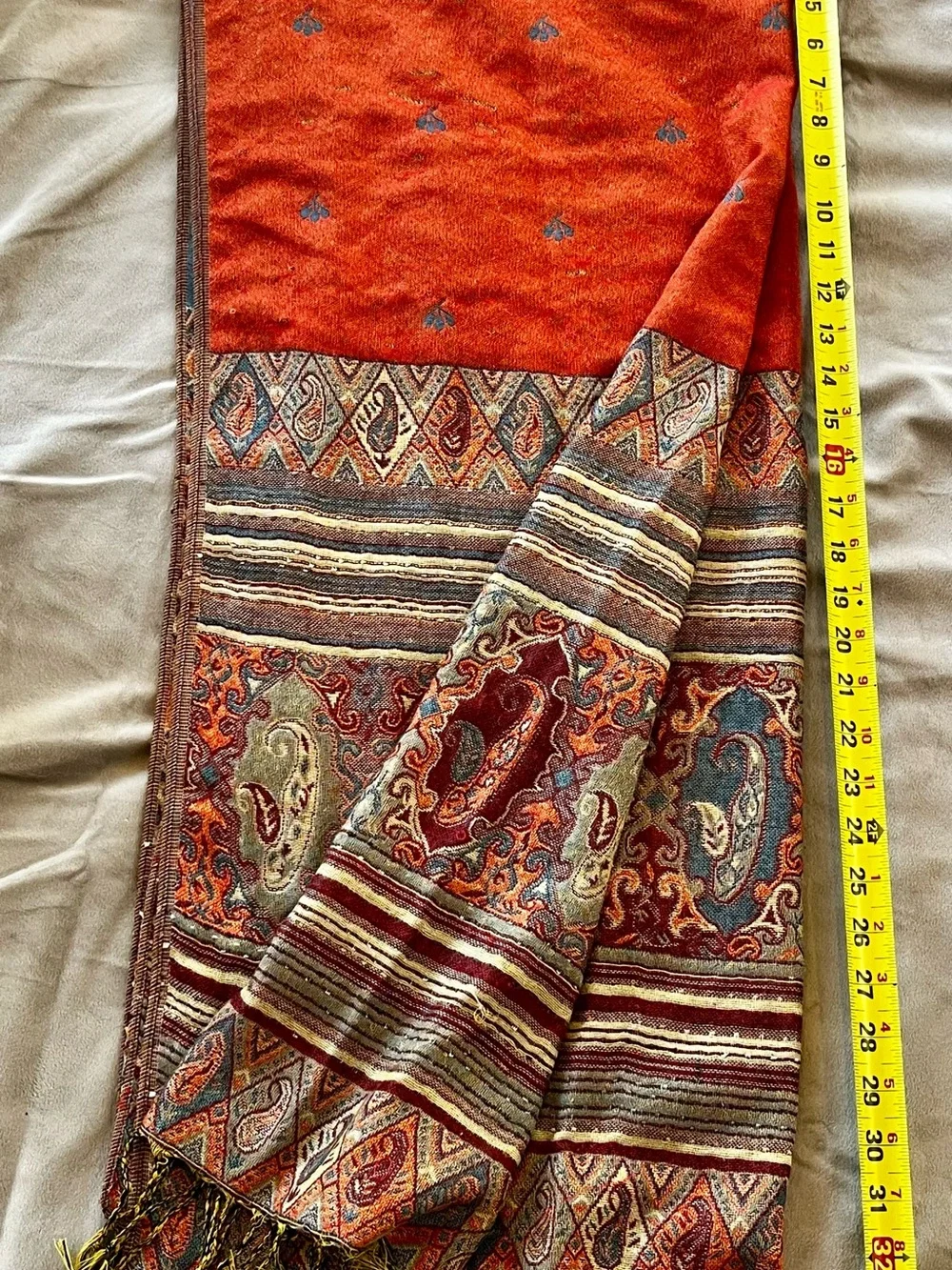 Boho Orange/Blue double sided Paisley Fringe Shawl Pashmina  Excellent condition